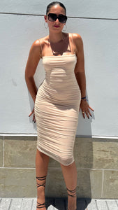 Gorgeous Dream Girl Ruched Midi in Latte